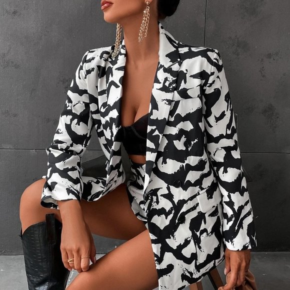 Black Preppy Womens Allover Print Blazer & Shorts - Picture 4 of 5